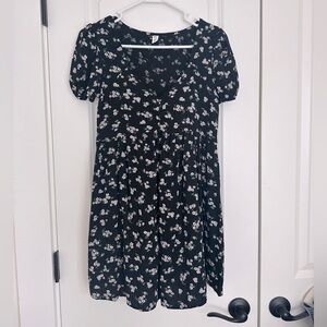 BP. Printed Floral Babydoll Minidress Dark Navy/White/Light Pink Size XXS